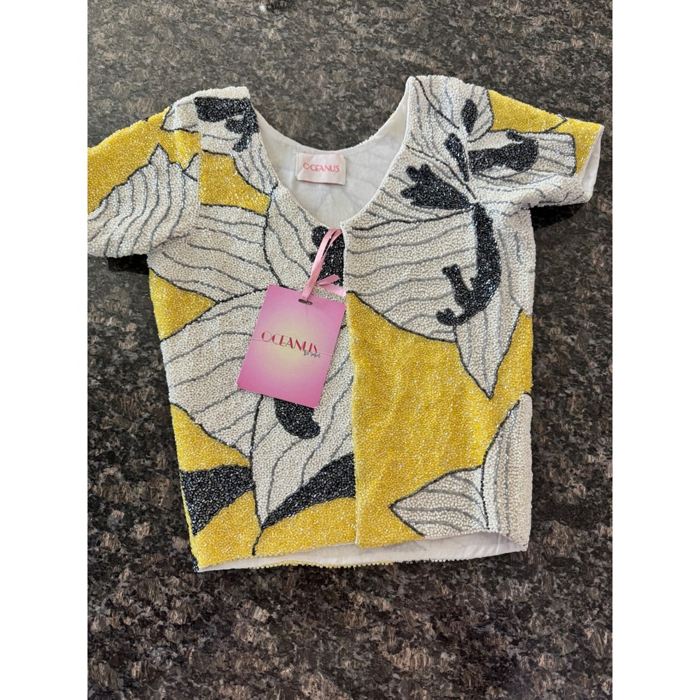 Oceanus The Label Maya Petal Hand Beaded Top Yellow White Black Floral Size M